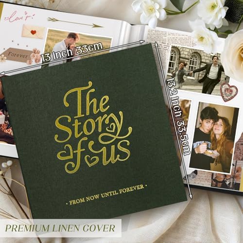 Lanpn Couples Scrapbook Photo Album - The Story of Us, Linen Wedding Anniversary Self Adheisve Picture Book holds 4x6 5x7 A5 Photo for Love Newlywed Valentine's Day (Large 40 Sheets/80 Pages, Green)
