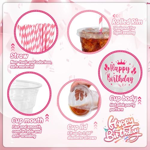 Whaline 50 Pcs 12 Oz Happy Birthday Disposable Plastic Cups with Lids and Straws Hot Pink Cold Beverage Drinking Cups for Home Kitchen Birthday Party Supplies