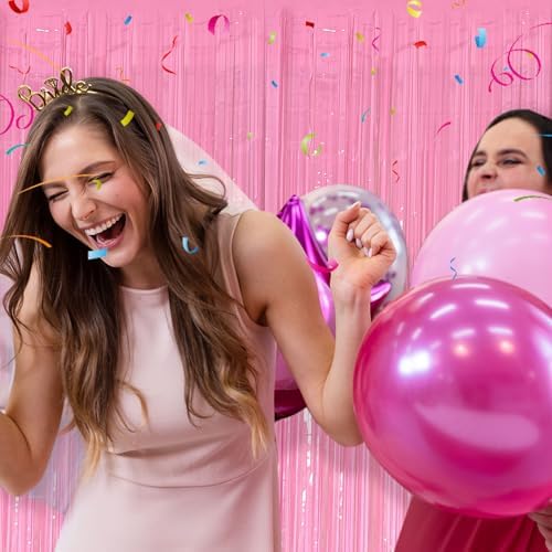2 Pack Foil Curtain Pink Backdrop Streamers Metallic Tinsel Fringe Curtains Photo Booth Props for Birthday Wedding Engagement Bachelorette Christmas Holiday Celebration Party Decorations