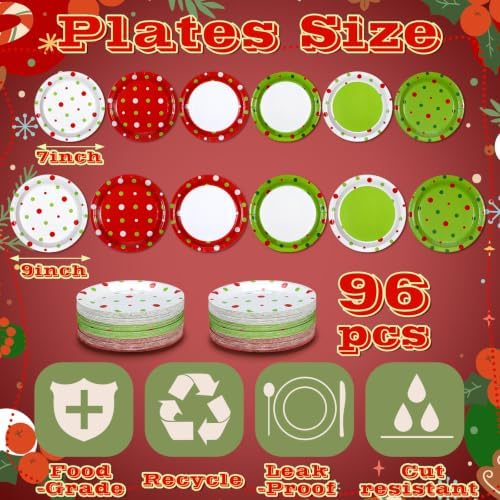 Fourluoo 96 Pcs Lime Green Christmas Paper Plates Disposable Dinner Plates for Xmas Birthday Party Table Decor