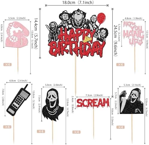 25 PCS Horror Movie Cupcake Toppers - Happy Birthday Cake Topper, Bloody Knife, Have a Killer Birthday Picks for Classic Movie Theme Halloween Party Cake Decorations Supplies