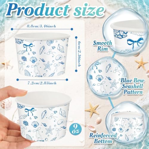 Maxdot 50 Pcs Blue Bow Starfish Seashelle Ice Cream Paper Cups 9oz Ocean Coastal Disposable Snack Cups Paper Dessert Bowls for Yogurt Cupcakes Hot Cold Food Baby Shower Wedding Bridal Party Supplies