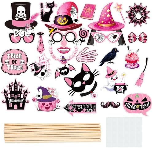 Halloween Photo Booth Props 30 PCS Set, Pink Photoshoot Decorations, Party Favors Supplies Halloween Games Kit with Sticks & Adhesive Dots