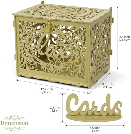 Jolik DIY Wedding Card Box, Large Rustic Locking Money Box Holder for Wedding Reception, Gift Card & Envelope Storage, Anniversary & Birthday Party Decoration (Gold)