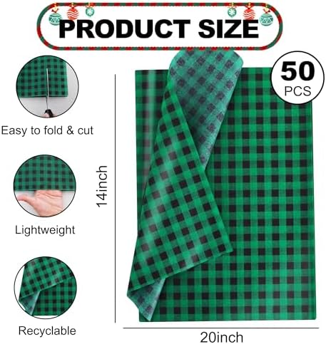 BEISHIDA Christmas Gingham Tissue Paper Bulk, Black and Green Buffalo Plaid Wrapping Tissue Paper for Gift Bags, 14 x 20 Inch Gift Wrap for Christmas Party DIY Crafts Decor Holiday Flowers-50pcs