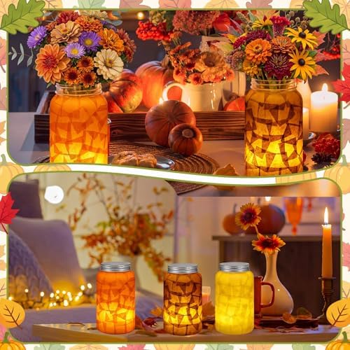 Qinyoung 12 Pcs Fall Crafts Thanksgiving Mason Jar with LED Candle Light