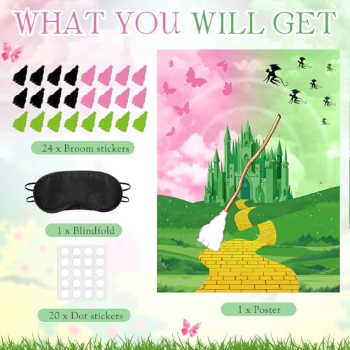 Faccito Witch Party Decorations Pin The Broom Pink and Green Games with Large Poster 24 Stickers and Blindfold Games Set for Halloween Witch Party Decorations Pink and Green Activities Supplies