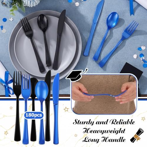 Minatee 180 Pcs Black and Blue Graduation Plastic Silverware Heavy Duty Cutlery Sets Disposable Utensils for Holiday Birthday Themed Party Supplies, 60 of Each Forks Knives Spoons
