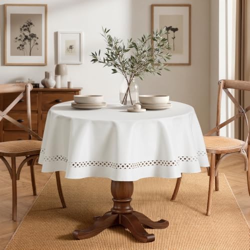 MIULEE White 60 Inch Round Linen Tablecloth with Decorative Cutouts