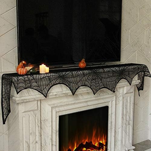 Lulu Home Halloween Fireplace Decorations, Fireplace Mantle Scarf Cover, Black Lace Spider Web for Door, Window and Flowerbeds Decoration, Halloween Party Supplies