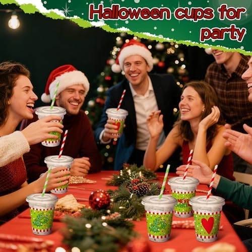 Jingmore 50 Pcs Merry Christmas Plastic Clear Cups with Lids and Straws