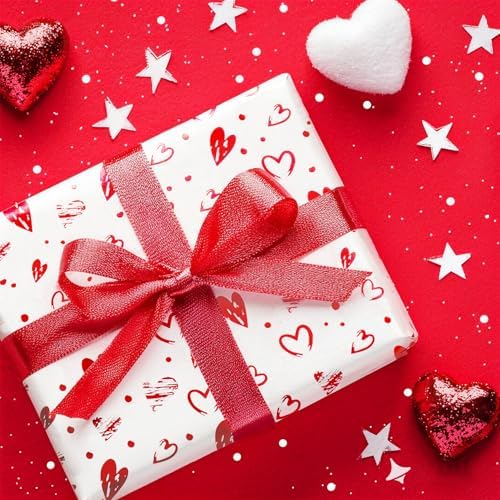 Foil Hearts Wrapping Paper Roll, Sliver Red Heart Mini Roll 17inx16.5ft-Luxury Gift Wrap for Valentine's Day,Anniversary, Mom's Mother Birthday, Wedding Party Bridal, Holiday,Wife,Girlfriend,Women