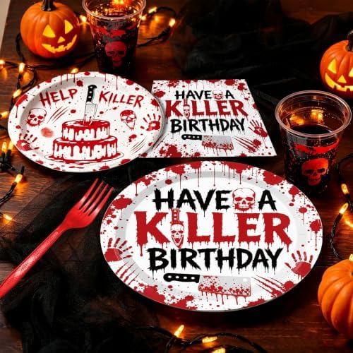 96 Pieces Have a Killer Birthday Plates and Napkins, Bloody Hand Disposable Tableware with Paper Plates Napkins and Forks for Halloween Party Supplies, Horror-Themed Birthday Decorations, Serves 24