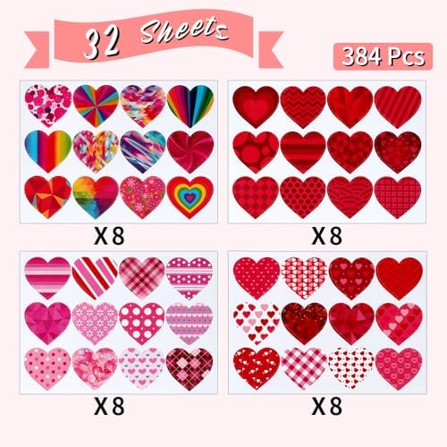 Valentines Stickers, Heart Stickers, 384 PCS Valentine Day Heart Stickers for Kids, 1.5 Inch Self-Adhesive Love Decorative Sticker Labels for Valentine's Day Wedding School Craft Activity Party Favors