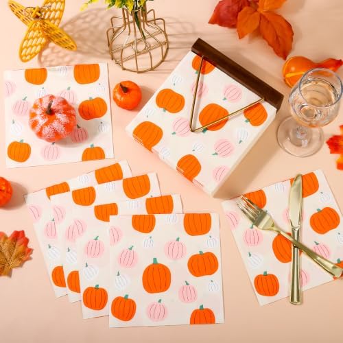 100 Pcs Pink Orange Fall Pumpkin Paper Luncheon Napkins, 6.5in