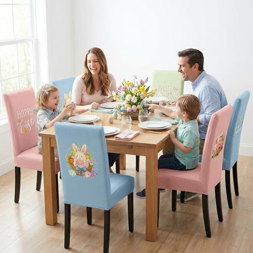 Mindsoft 6 Pcs Easter Chair Covers Print Eggs Hunt Happy Bunny Removable Seat Covers Protector Washable Stretch Spring Slipcovers for Easter Spring Hotel Restaurant Party Banquet