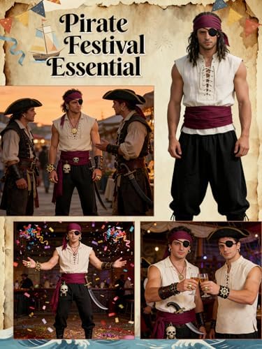 Verceco Mens Pirate Costume 8PCS Renaissance Sleeveless Shirt Ankle-Banded Pants Sash Belt & Accessories LARP Cosplay