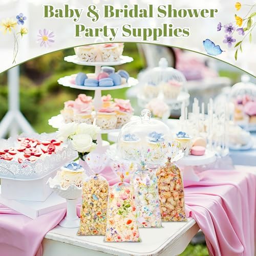 QOIUSO 50 PCS Wildflower Party Cellophane Treat Bags - 4.9 x 10.8 Inch Plastic Floral Party Favor Bags with Twist Ties - Clear Candy & Cookie Gift Bags for Baby Shower, Bridal, Wedding, Birthday