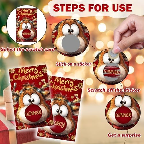 40 Pcs Christmas Scratch Off Cards with Stickers, Rudolph The Red Nose Reindeer Merry Christmas Games for Family Party, Xmas Holiday Party Raffle Ticket Supplies -A02