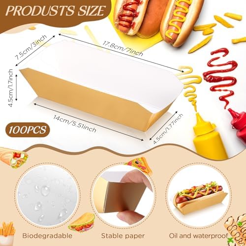 Yeaqee 100 Pcs 7" Paper Hot Dog Trays Disposable Food Nacho Boats