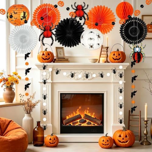 Halloween Party Decorations, Hanging Spider Bat Paper Lanterns Honeycomb Decorations for Home Haunted House Classroom Birthday Party Supplies Props (Orange & Black)