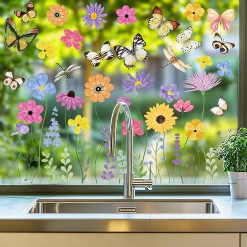 6 Sheets 67Pcs Summer Flower Butterfly Static Window Clings Reusable Double Sided Floral Window Decals for Glass Windows Doors Spring Home Decor for Kids Room Living Room Kitchen