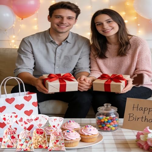 Valentines Cellophane Bags 120pcs Valentines Candy Bags with 140pcs Twists