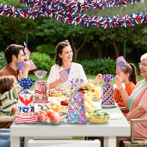 100 Pcs 4th of July Cellophane Treat Bags - 5" x 11" Patriotic Candy Bags with 110 Gold Twist Ties, Independence Day Goodie Bag for Cookies, Snacks, Party Favors & Gift Packaging (Red White and Blue)