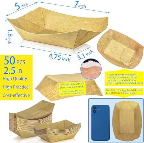 50 Pack 2.5lb Kraft Paper Food Trays, Disposable Paper Food Boat Heavy-Duty Food Serving Basket Tray for Snack Hot Dog French Fries Nachos Taco Popcorn BBQ Party Picnic Wedding Party