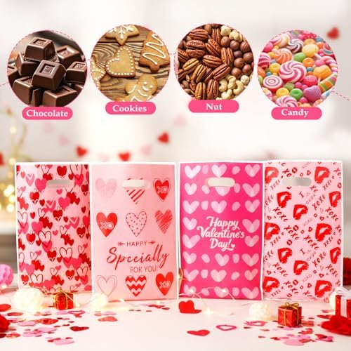 Valentines Treat Bags, 100PCS Valentines Gift Bags with Handles, 7x10 Inch Plastic Happy Valentine's Day Goodie Cookie Candy Bag for Valentine's Day Wedding Anniversary Engagement Party Favor Supplies