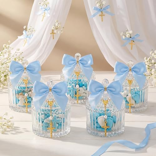 Chuangdi 12 Sets 48 Pcs Baptism Favors for Guests Crystal Candy Bowl Gifts with 12 Pcs Cross Rosary for Baptism Decorations Wedding Baby Shower Supplies First Communion Party(Blue)