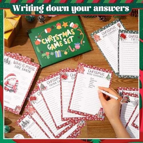 Fullhawl 102 Pcs Christmas Trivia Games for Large Group Festival Question Answer Guessing Word Scramble Cards Activity for Xmas Indoor Game Holiday Party Activity Family Friends(Red,Snowflake)