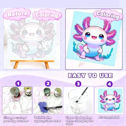 Gemozaic Axolotl Paint by Numbers Kit for Kids with Frame & Easel, 8x8 in
