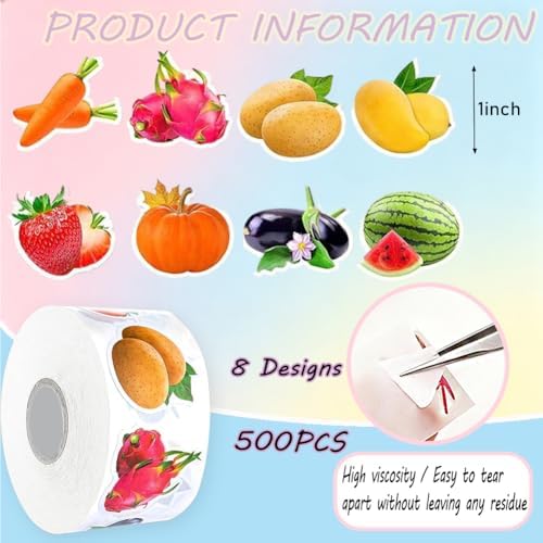 500PCS Fruit Stickers Rolls 8 Styles Summer Fruits and Vegetables Sticker 1in Self-Adhesive Waterproof Vinyl Stickers Decor for Birthday Party Envelopes Scrapbook Decorations