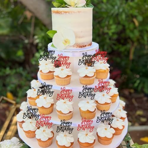 24 PCS Happy Birthday Cupcake Toppers Glitter Happy Birthday Cupcake Picks for Celebrating Anniversary Theme Party Cake Decorations Supplies Black Red