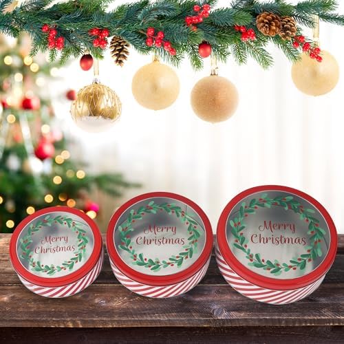 DAHO Christmas Holiday Cookie Tin Containers with Window, 3pc Nested Set, Holiday Cookie Tins with Lid for Gift Giving, Cookie, Treats, Cookies Party Favor and Gifts (Merry Christmas, Round Shape)
