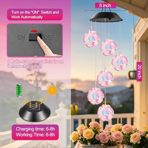 Winzwon Solar Wind Chimes, Hanging Rose Outside Garden Patio Yard Decor