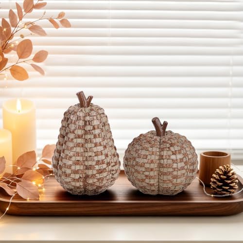 winemana 2 Pack Fall Pumpkin Decor, Woven Resin Pumpkins for Indoor Home