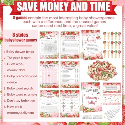 Funnymoom 426 Pcs Strawberry Baby Shower Games Set, 8 Games with Bingo