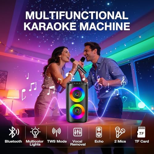 Portable Karaoke Machine for Adults: LED Lights Bluetooth Speaker with 2 Karaoke Microphones Birthday Gifts for Party Speaker Karaoke Home System Packages Supports TWS/TF Card/USB/AUX