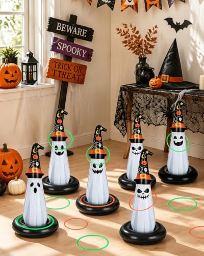 5Pcs Inflatable Halloween Ghost Ring Toss Game,Halloween Games for Kids,Adults,Family Party Favor Indoor Outdoor Game Garden Toys