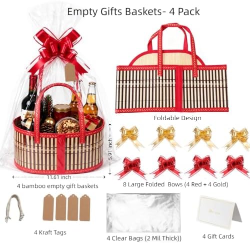 4 Set Bamboo Baskets for Gifts Empty, Foldable Woven Gift Basket Empty