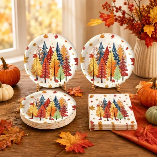 50Pcs Fall Plates and Napkins Party Supplies, Disposable Autumn Tree Paper Plates Napkins Tableware Set for Thanksgiving Theme Harvest Friendsgiving Party Decorations
