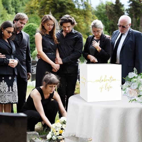 QISOLIY White Celebration of Life Card Box with Gold Lettering, Share a Memory Funeral Card Box for Memorial Service, Remembrance Table Decor, Memory Box for Sympathy Condolence Messages