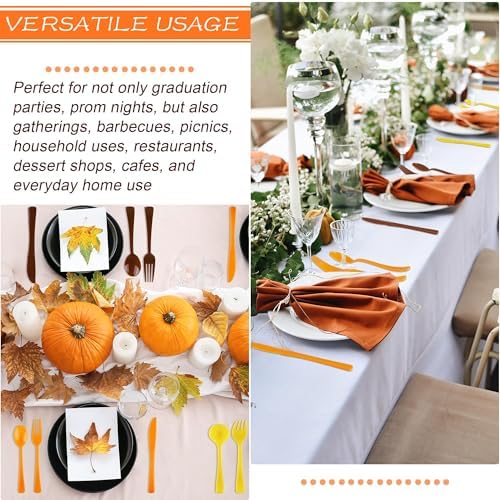 Kochorie 300 Pieces Thanksgiving Plastic Silverware Fall Heavy Duty Utensils Set Heavyweight Disposable Flatware Includes Orange Yellow Brown Spoons Forks Knives for Thanksgiving Dinner Party Supplies