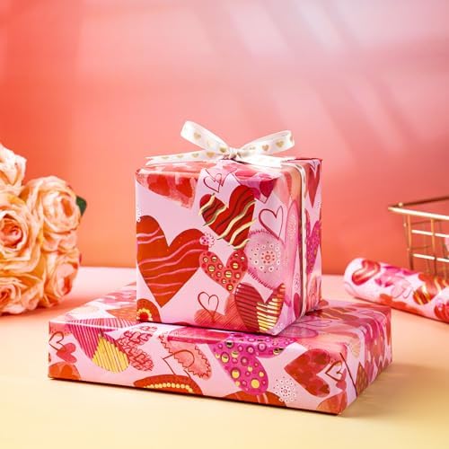 WRAPAHOLIC Valentines Day Wrapping Paper Roll - Mini Roll - 17 Inch x 16.5 Feet - Sweet Heart Wrapping Paper with Gold Foil Design for Valentine's Day, Anniversary, Birthday, Wedding, Baby Shower