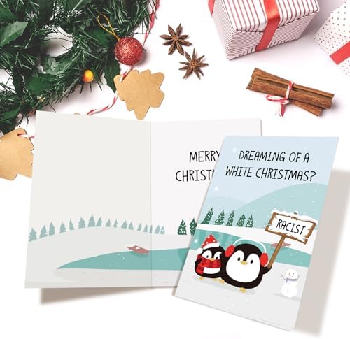 Funny Penguin Christmas Card for Men Women, Dark Humor Xmas Card, Sarcastic Holiday Cards Gift for Friend Brother Sister, Dreaming of a White Christmas