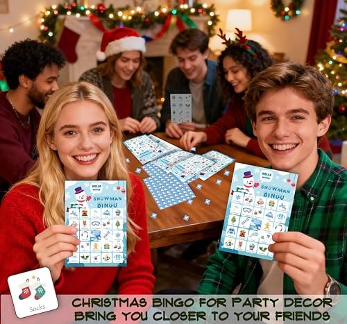 24-Person Christmas Bingo Cards, Winter Snowman Xmas Party Card Game, Christmas Bingo Game for Family Large Group Activities, Christmas Winter Holiday Party Supplies