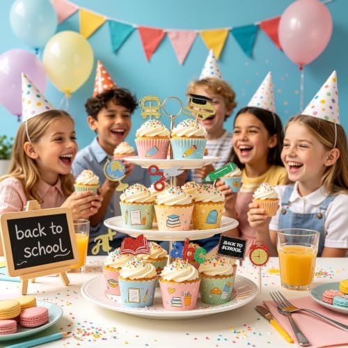 24Pcs Back to School Cupcake Toppers, Glitter School Cake Decorations