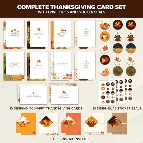 Decorably 40 Pack Happy Thanksgiving Cards with Envelopes, 10 Card Designs